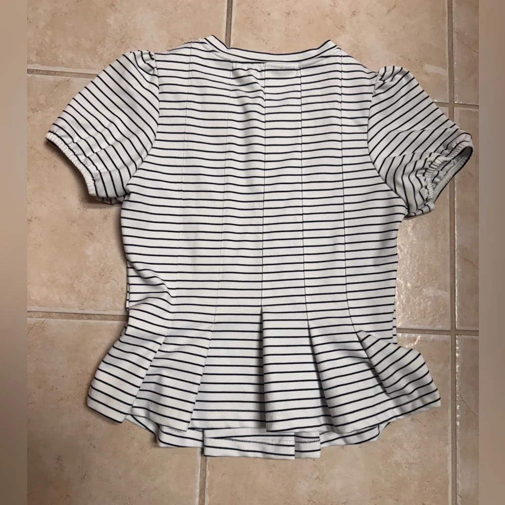 Maeve by Anthropologie Corset Peplum Puff Sleeves Striped Top